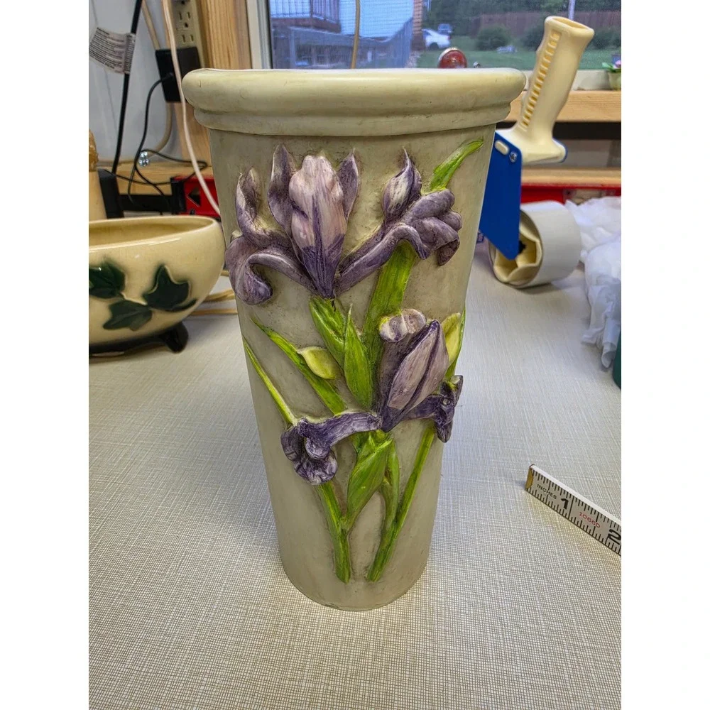 Hen-Feathers Iris Xiphium Hand-Cast Resin Vase Purple Floral 3D Relief 9.5 Inch